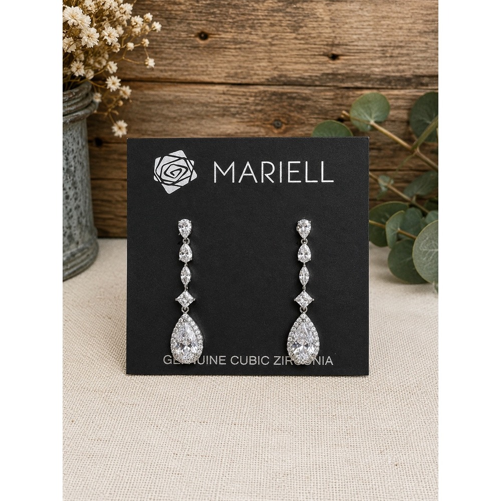 Mariell Cubic Zirconia Pear Drop Bridal Wedding Earrings Silver Tone 3647E